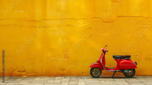 A vintage red scooter in front of a yellow wall