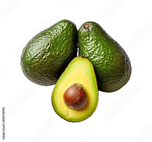 Avocado trio features two whole fruits with bumpy green skin and one halved, revealing the creamy yellow flesh and brown seed.