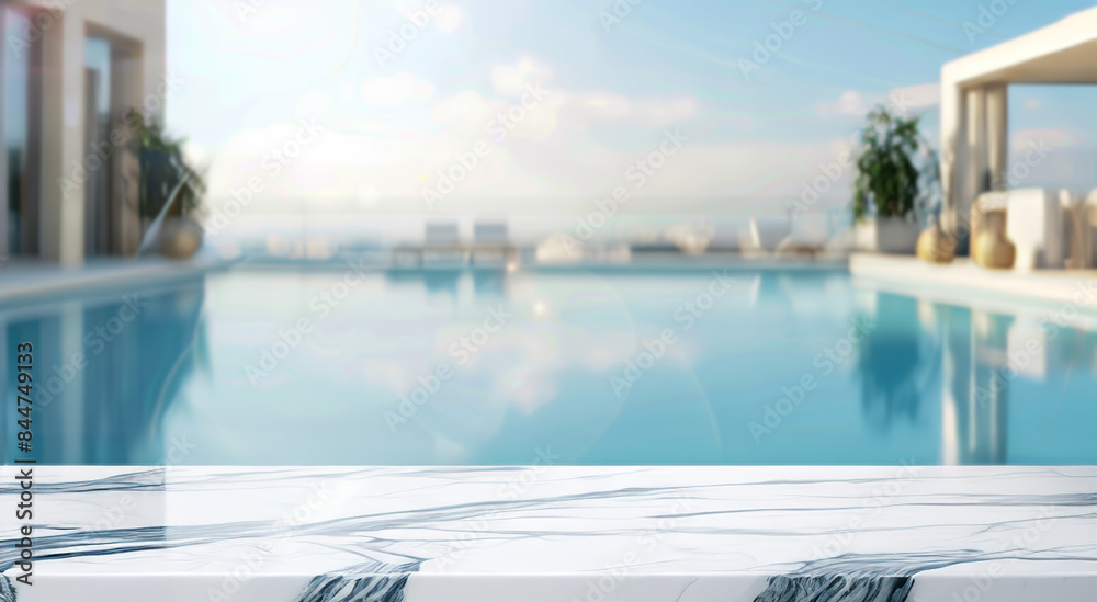 Empty marble table by the pool at a luxury villa. Luxurious poolside setting with an empty marble table, perfect for showcasing your product against a backdrop of summer.