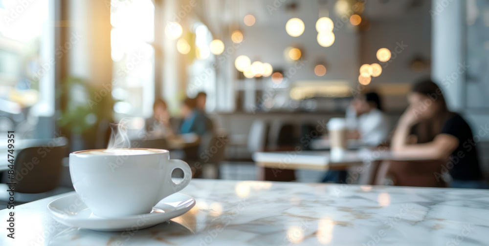 Steaming cup of coffee in busy cafe. Aromatic coffee on marble table in a bustling cafe, perfect for lifestyle and beverage industry content.