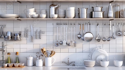 Counter with a background of kitchen utensils well organized on shelves. generative ai