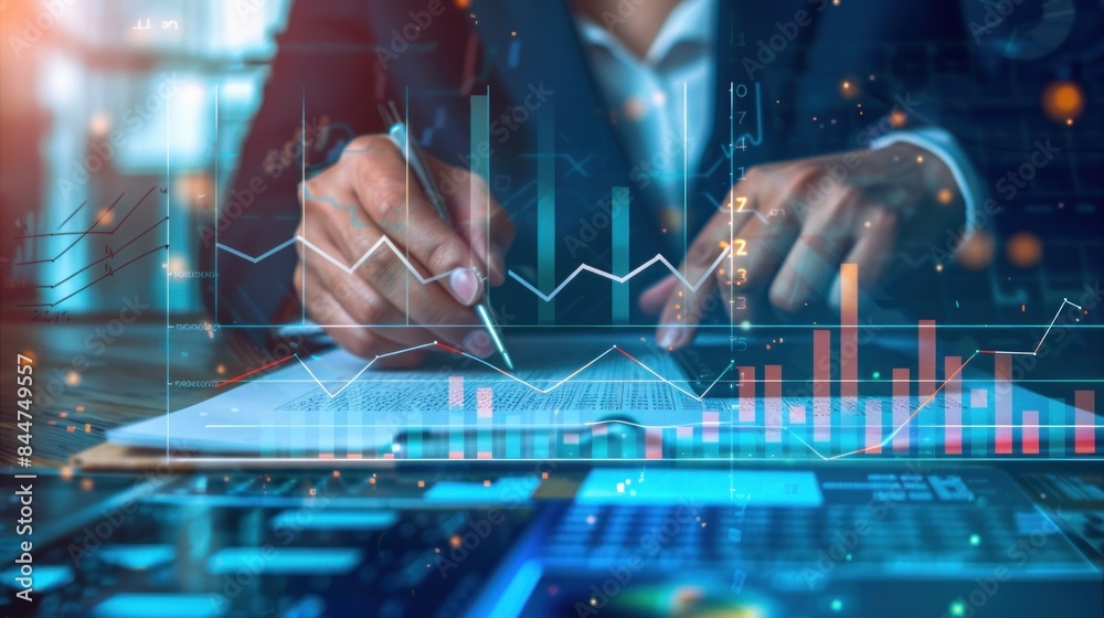analysis working with the latest financial results. Analysis of sales forecast graphs, financial accounting with hand writing Abstract digital effect for background analysis working with the latest financial results. Analysis of sales forecast graphs, financial accounting with hand writing Abstract digital effect for background