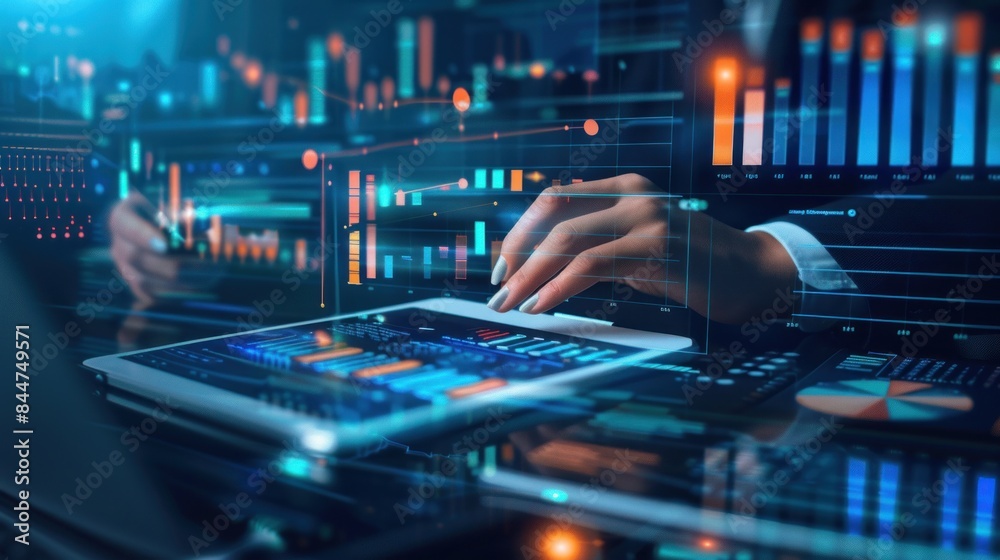 analysis working with the latest financial results. Analysis of sales forecast graphs, financial accounting with hand writing Abstract digital effect for background