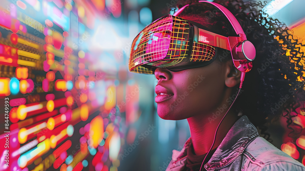 A woman wearing a virtual reality headset and headphones, immersed in a vibrant, neon-colored virtual environment A woman wearing a virtual reality headset and headphones, immersed in a vibrant, neon-colored virtual environment