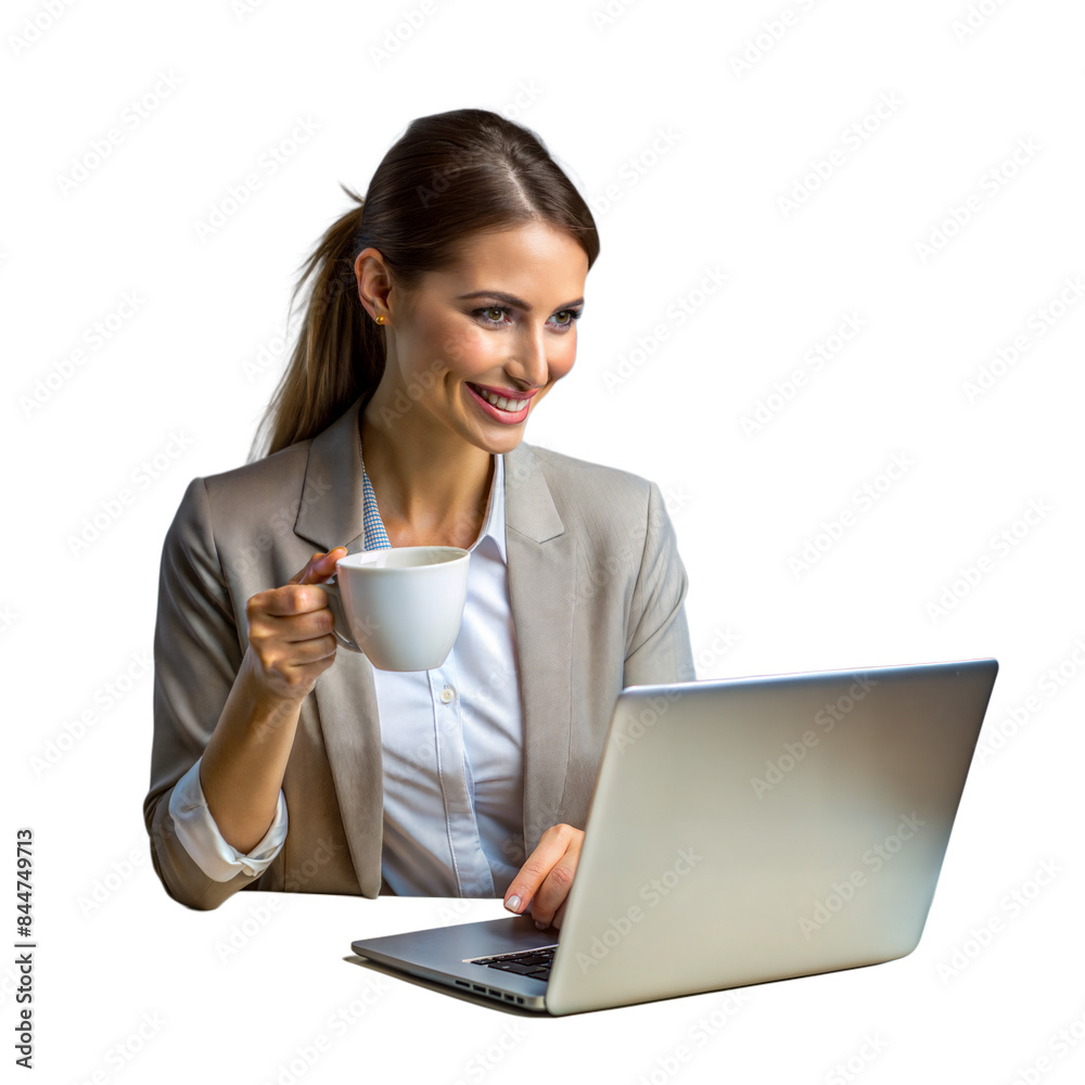 Smiling businesswoman working on laptop with coffee on transparent background Smiling businesswoman working on laptop with coffee on transparent background