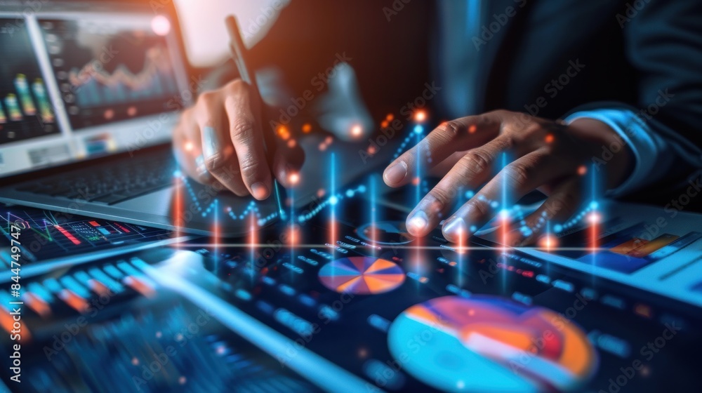 analysis working with the latest financial results. Analysis of sales forecast graphs, financial accounting with hand writing Abstract digital effect for background analysis working with the latest financial results. Analysis of sales forecast graphs, financial accounting with hand writing Abstract digital effect for background