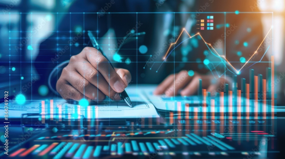 analysis working with the latest financial results. Analysis of sales forecast graphs, financial accounting with hand writing Abstract digital effect for background analysis working with the latest financial results. Analysis of sales forecast graphs, financial accounting with hand writing Abstract digital effect for background
