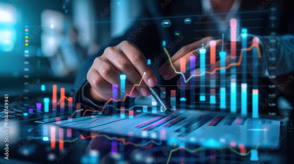 analysis working with the latest financial results. Analysis of sales forecast graphs, financial accounting with hand writing Abstract digital effect for background analysis working with the latest financial results. Analysis of sales forecast graphs, financial accounting with hand writing Abstract digital effect for background