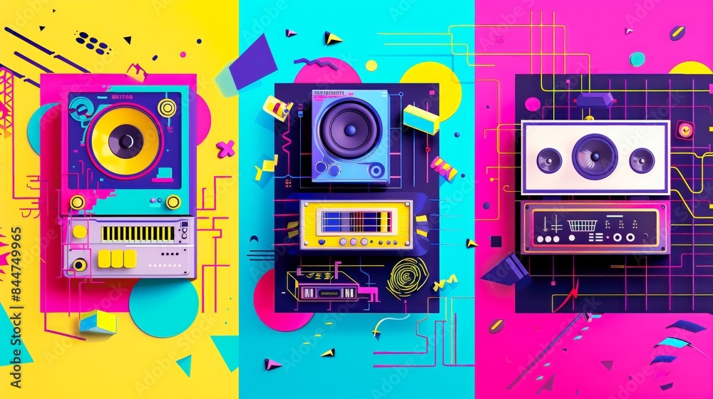 Fototapeta premium Retro Hi-Fi 90s: Abstract Neon Audio Equipment with Bold Colors and Geometric Patterns in a Vibrant Composition