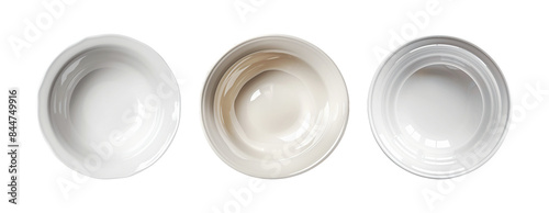 Three ceramic bowls with varying textures and depths, displayed in a row on a transparent background.