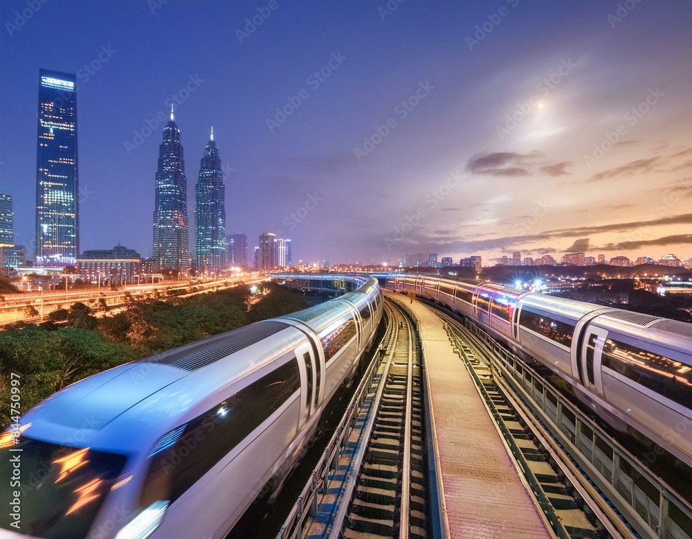 Fototapeta premium AI Generated image of Train with city view at night