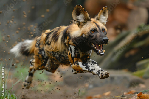 An African wild dog hunting, dynamic energy of a predator chasing its prey