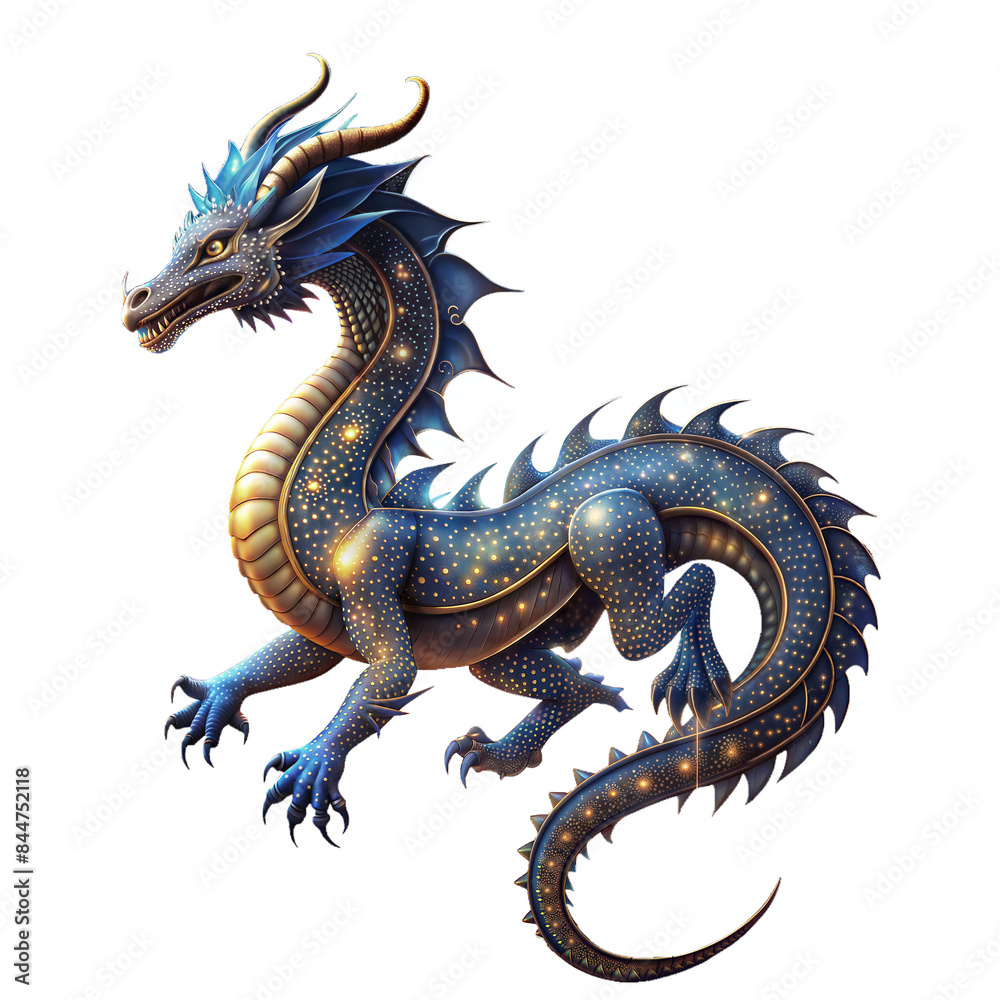 Intricate blue dragon illustration with starry details on transparent background Intricate blue dragon illustration with starry details on transparent background