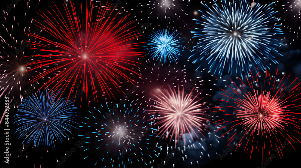 Naklejka premium Red, white, and blue fireworks on a black background.