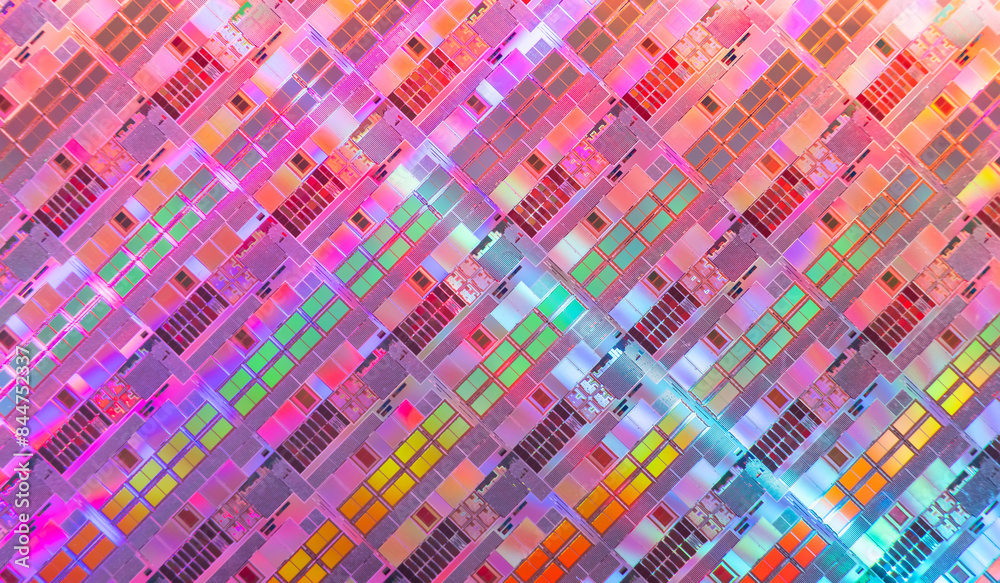 Silicon Wafers with microchips used in electronics for the fabrication of integrated circuits Silicon Wafers with microchips used in electronics for the fabrication of integrated circuits