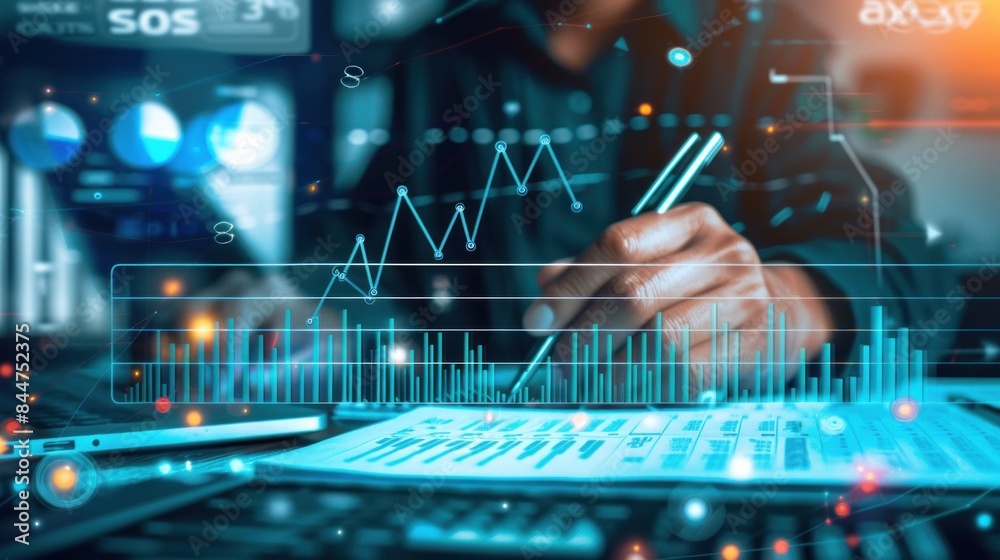 analysis working with the latest financial results. Analysis of sales forecast graphs, financial accounting with hand writing Abstract digital effect for background analysis working with the latest financial results. Analysis of sales forecast graphs, financial accounting with hand writing Abstract digital effect for background