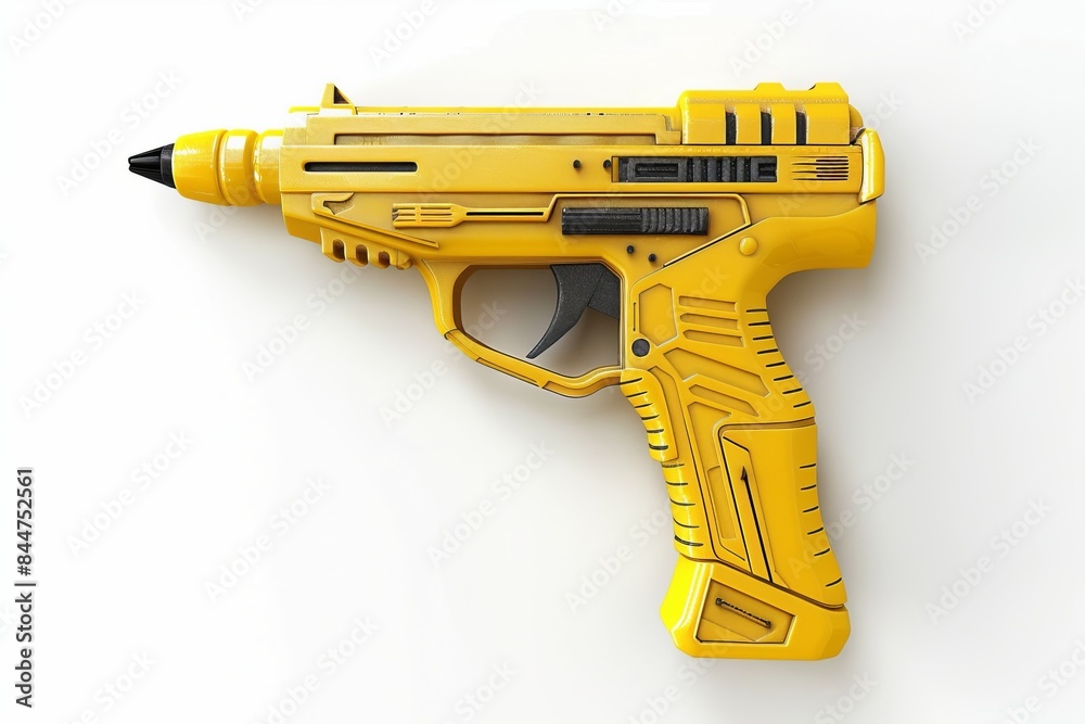 Futuristic yellow toy gun with detailed design. Perfect for sci-fi themes and creative projects. Striking conceptual artwork for games and illustrations. Close-up view on white background