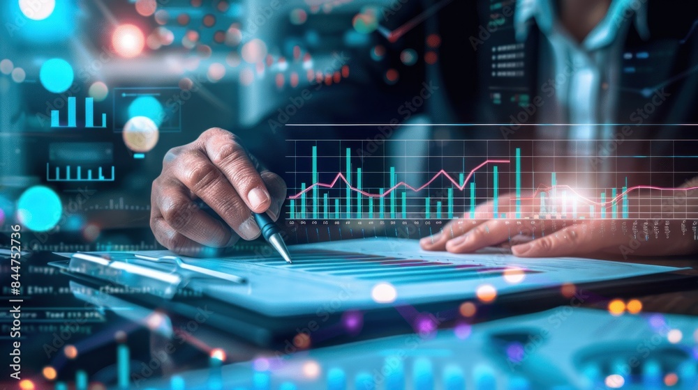analysis working with the latest financial results. Analysis of sales forecast graphs, financial accounting with hand writing Abstract digital effect for background