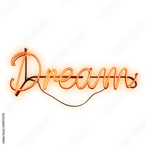 Neon dream sign with glowing lights on transparent background photo