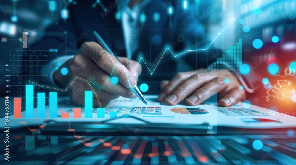 analysis working with the latest financial results. Analysis of sales forecast graphs, financial accounting with hand writing Abstract digital effect for background analysis working with the latest financial results. Analysis of sales forecast graphs, financial accounting with hand writing Abstract digital effect for background