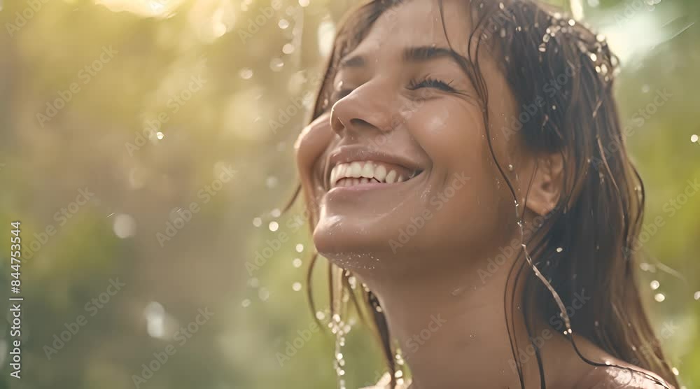 A woman is happily smiling with water dripping down her hair while taking a shower in the rain, enjoying the leisure A woman is happily smiling with water dripping down her hair while taking a shower in the rain, enjoying the leisure