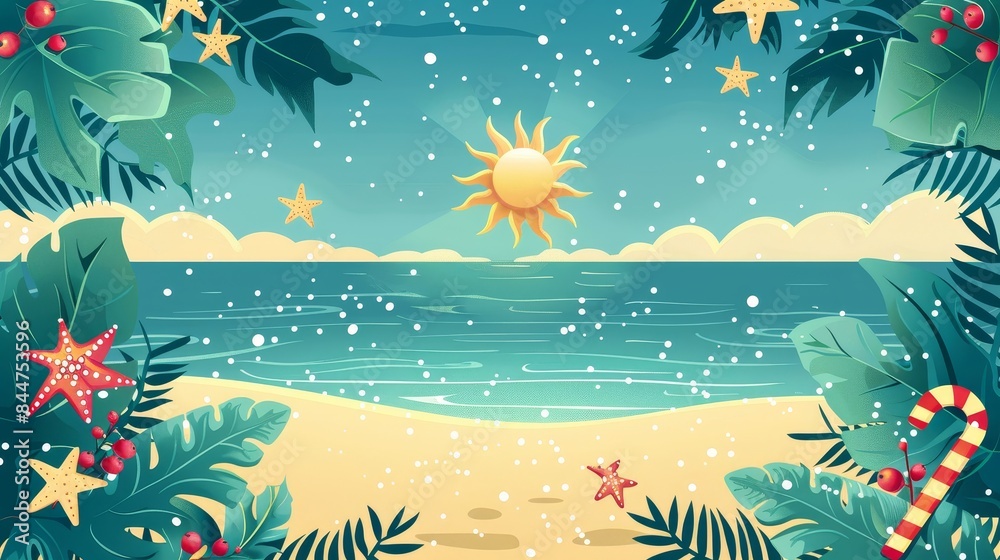 A beach scene with a sun and a starry sky