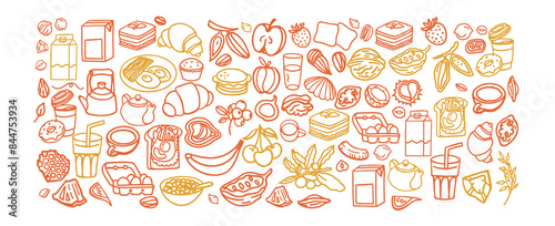 Breakfast hand drawn ingredients vector set. Crunches. Morning meal menu design. Collection of dishes for breakfast and brunch. Sketch. Fresh vegetables, cheese, scrambled eggs, bacon, coffee.