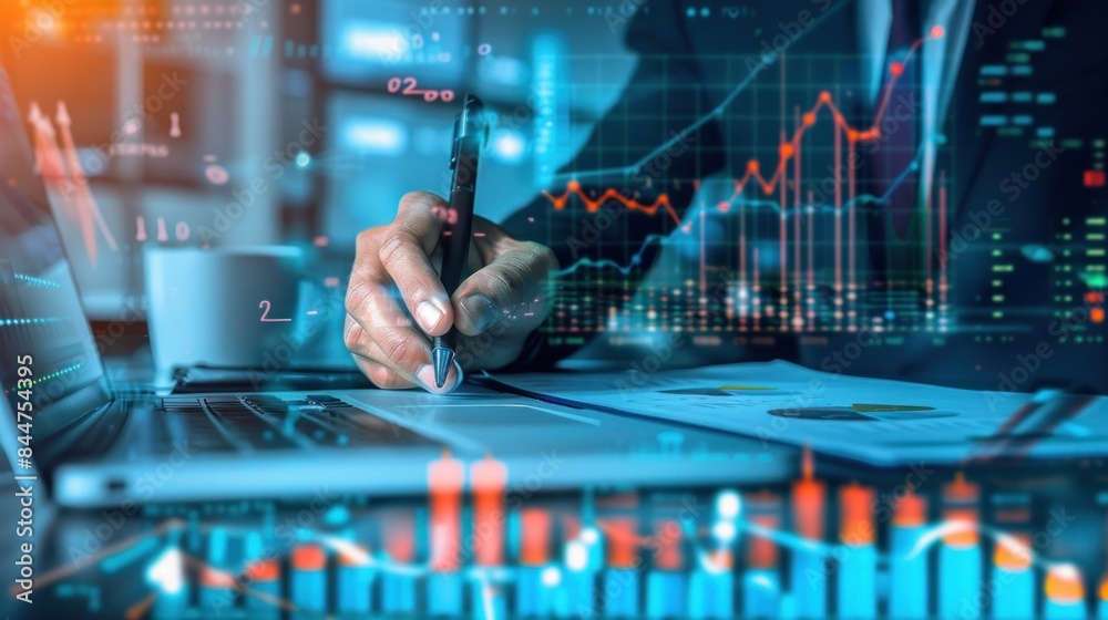 analysis working with the latest financial results. Analysis of sales forecast graphs, financial accounting with hand writing Abstract digital effect for background analysis working with the latest financial results. Analysis of sales forecast graphs, financial accounting with hand writing Abstract digital effect for background