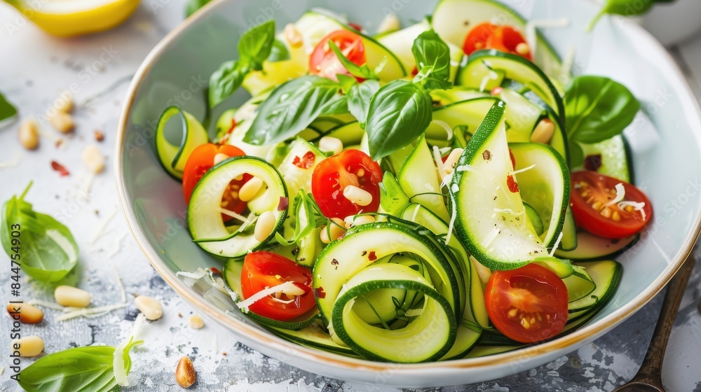 Zucchini noodle salad with tomatoes, basil, pine nuts, and grated cheese, presented in a bowl with a fork resting on the side