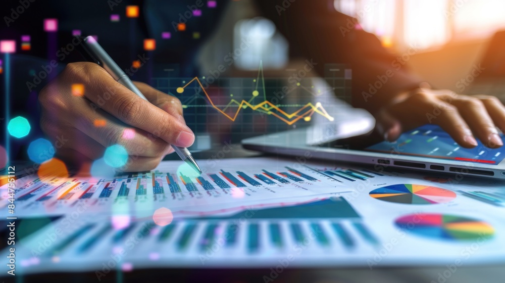 analysis working with the latest financial results. Analysis of sales forecast graphs, financial accounting with hand writing Abstract digital effect for background analysis working with the latest financial results. Analysis of sales forecast graphs, financial accounting with hand writing Abstract digital effect for background