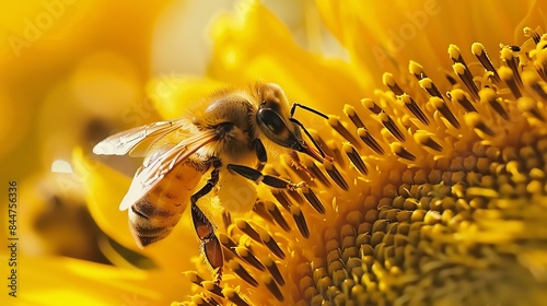 A bee pollinates a sunflower. The bee is covered in yellow pollen. The sunflower is in focus and has a blurred background. photo