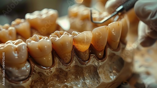 Close-up of a dental model with a tool adjusting teeth, showcasing dental care and precision in dentistry. photo