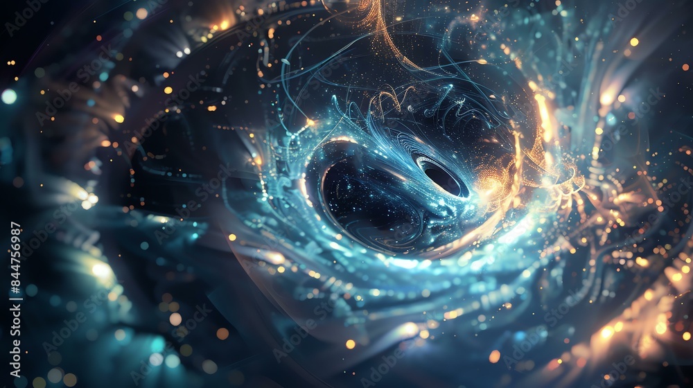 Mystical blue and gold glowing particles form an abstract background ...
