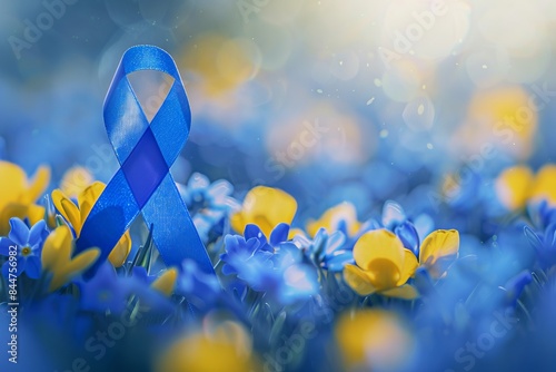 Elegant blue and yellow flowers with a blue awareness ribbon in soft focus. Delicate background for various uses. Concept of awareness and support. Perfect for social campaigns. Generative AI