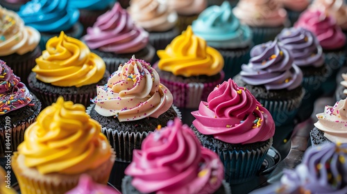 A variety of colorful cupcakes with different flavored frosting and sprinkles on a dark background. The image is well-lit and the colors are vibrant.