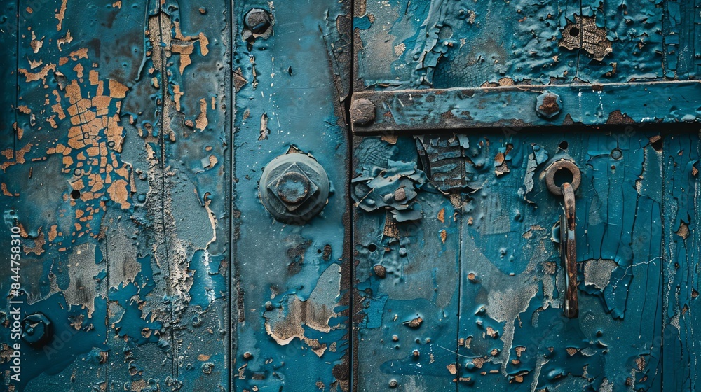 Blue wooden door with peeling paint and rusty metal hardware. The door is old and weathered, and the paint is peeling in several places.
