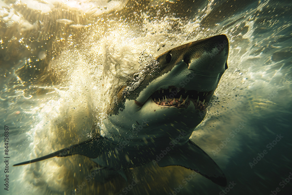Obraz premium A great white shark attacking, dynamic energy