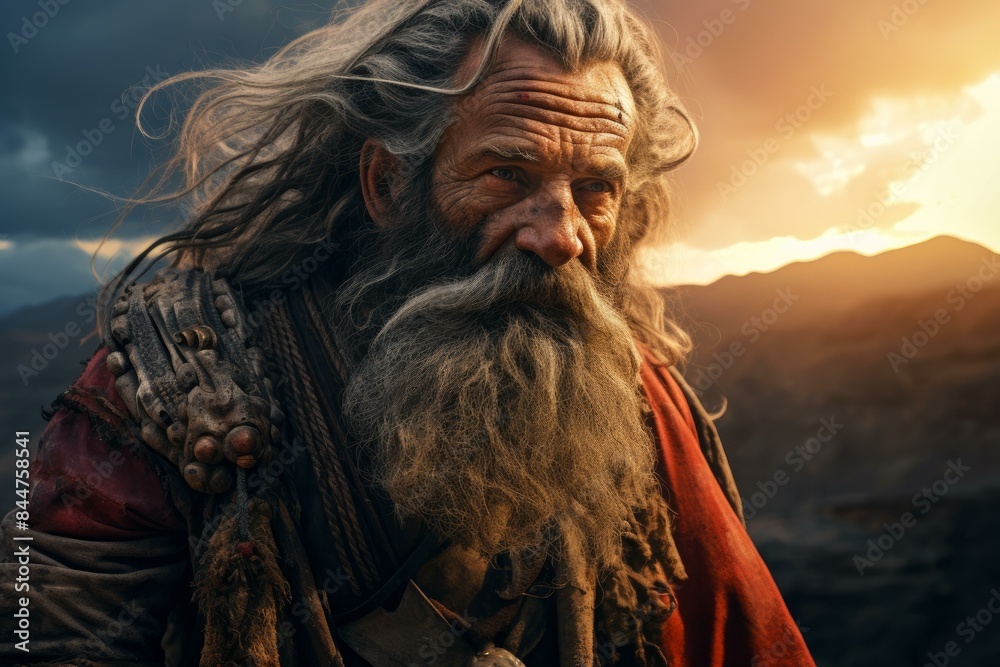 Portrait of a bearded elder warrior with intense gaze against a dramatic sunset sky