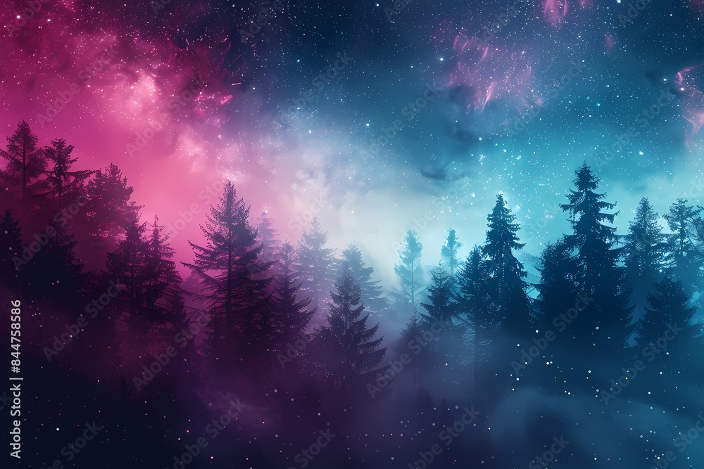 Fototapeta premium A magical twilight scene with glittering stars above a forest path illuminated by an ethereal glow