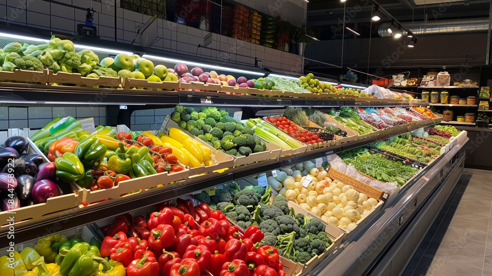 Obraz premium Vibrant freshness: fruits and vegetables on supermarket display.