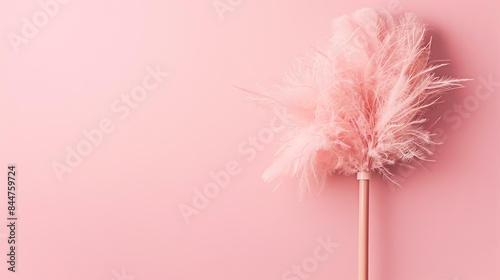 Pink feather duster on a pink background. Cleaning concept.