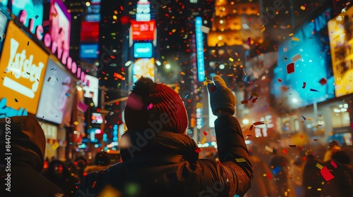 Confetti falling over crowd celebrating new year in Times Square, New York City