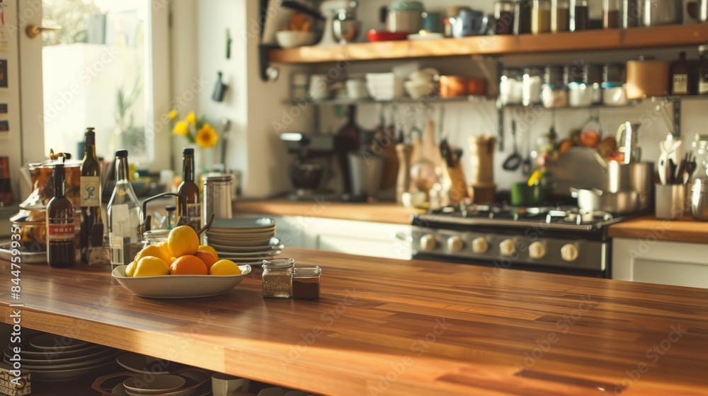 Side angle, showing the table in relation to the kitchen items. generative ai Side angle, showing the table in relation to the kitchen items. generative ai