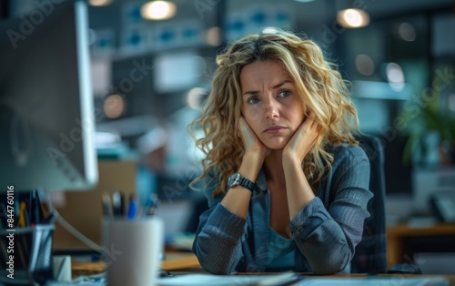 A woman with long hair is sitting at a desk with a computer monitor in front of her. She is looking down and she is in a state of deep thought Free Download A woman with long hair is sitting at a desk with a computer monitor in front of her. She is looking down and she is in a state of deep thought - GFXLoad