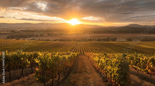 The image is a beautiful landscape of a vineyard at sunset. The sun is setting over the horizon, casting a warm glow over the vines.