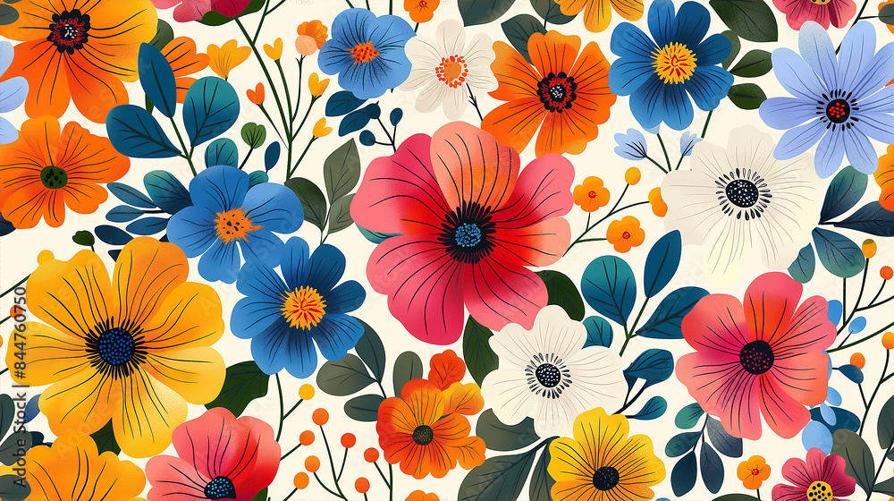 beautiful detailed colorful flowers seamless pattern, scandinavian art beautiful detailed colorful flowers seamless pattern, scandinavian art