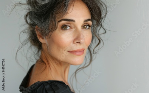 A woman with a bun in her hair and a black shirt. She has a smile on her face