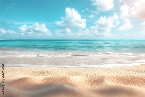 Abstract blur defocused background. Tropical summer beach with golden sand, turquoise ocean and blue sky with white clouds on bright sunny day. Colorful landscape for summer holidays high