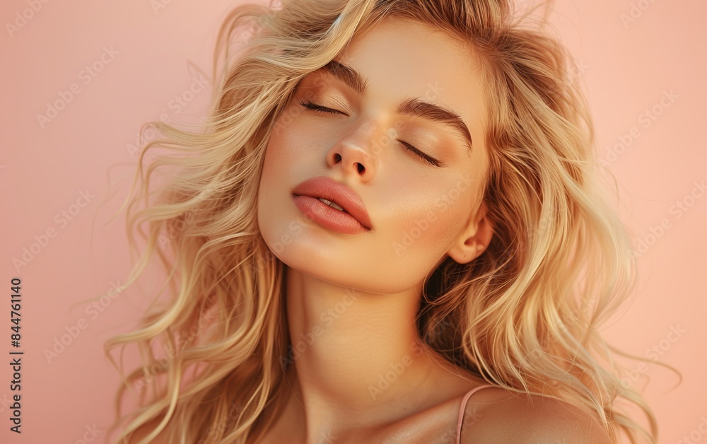 A woman with blonde hair and a pink background. She is smiling and looking at the camera. Concept of happiness and confidence
