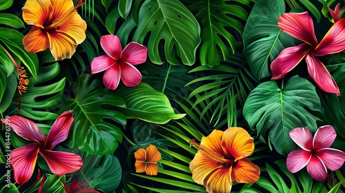 vibrant green leaves and bright tropical flowers. Perfect for adding a touch of the tropics to your next project.
